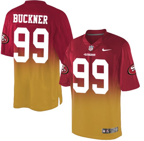 Nike 49ers #99 DeForest Buckner Red/Gold Men's Stitched NFL Elite Fadeaway Fashion Jersey - Click Image to Close